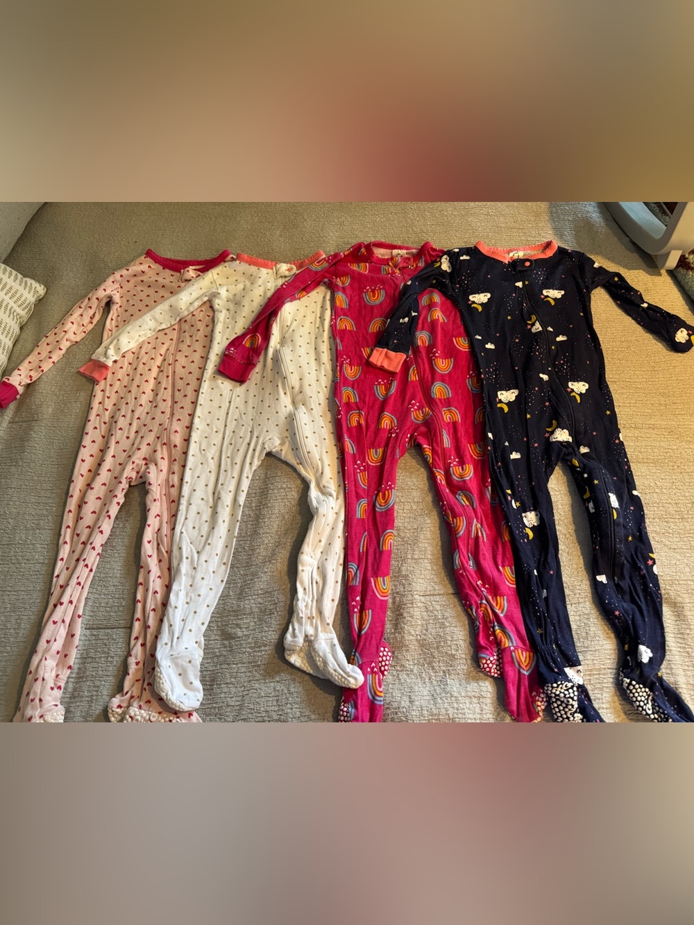 Gerber Pink, White, Magenta, Navy Rainbow & Cloud Footed Pajama Bundle